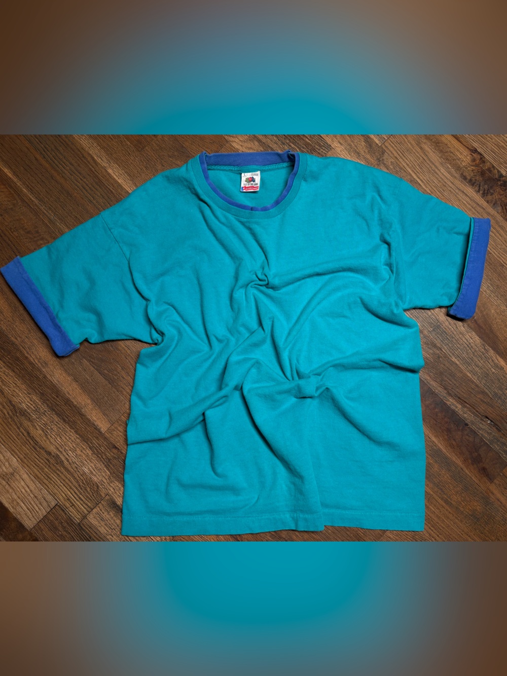 Vintage 90’s Fruit of the Loom Teal Tee with Purple Cuffs and Collar